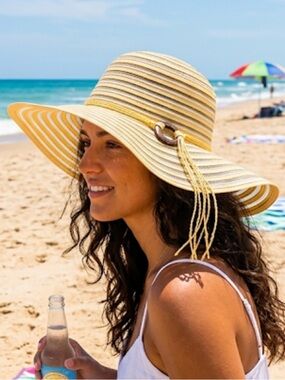 Wide Brim Sun Hat in Yellow and Beige - Lightweight Women's Summer Hat